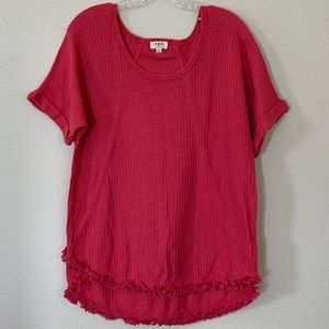 Umgee Short Sleeves Waffle Knit Shirt Sweater Fringe Round Neck Oversized size S